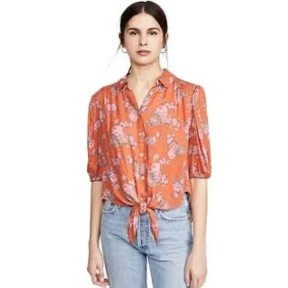 Free People Celia Floral Print Tie Front Button Up Short Sleeve Blouse Orange L - Picture 3 of 9